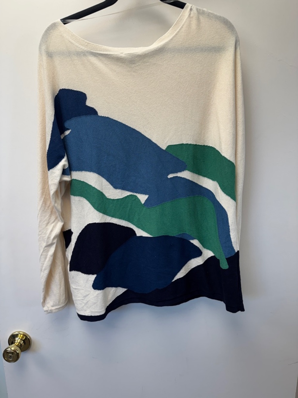 Chico's Cream Crewneck Sweater with Blue and Green Abstract Print - Picture 4 of 4